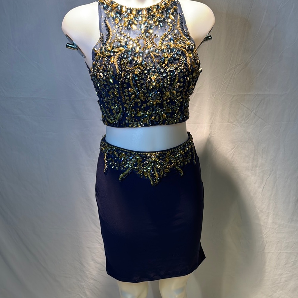 Embellished Navy and Gold Two-Piece Dress